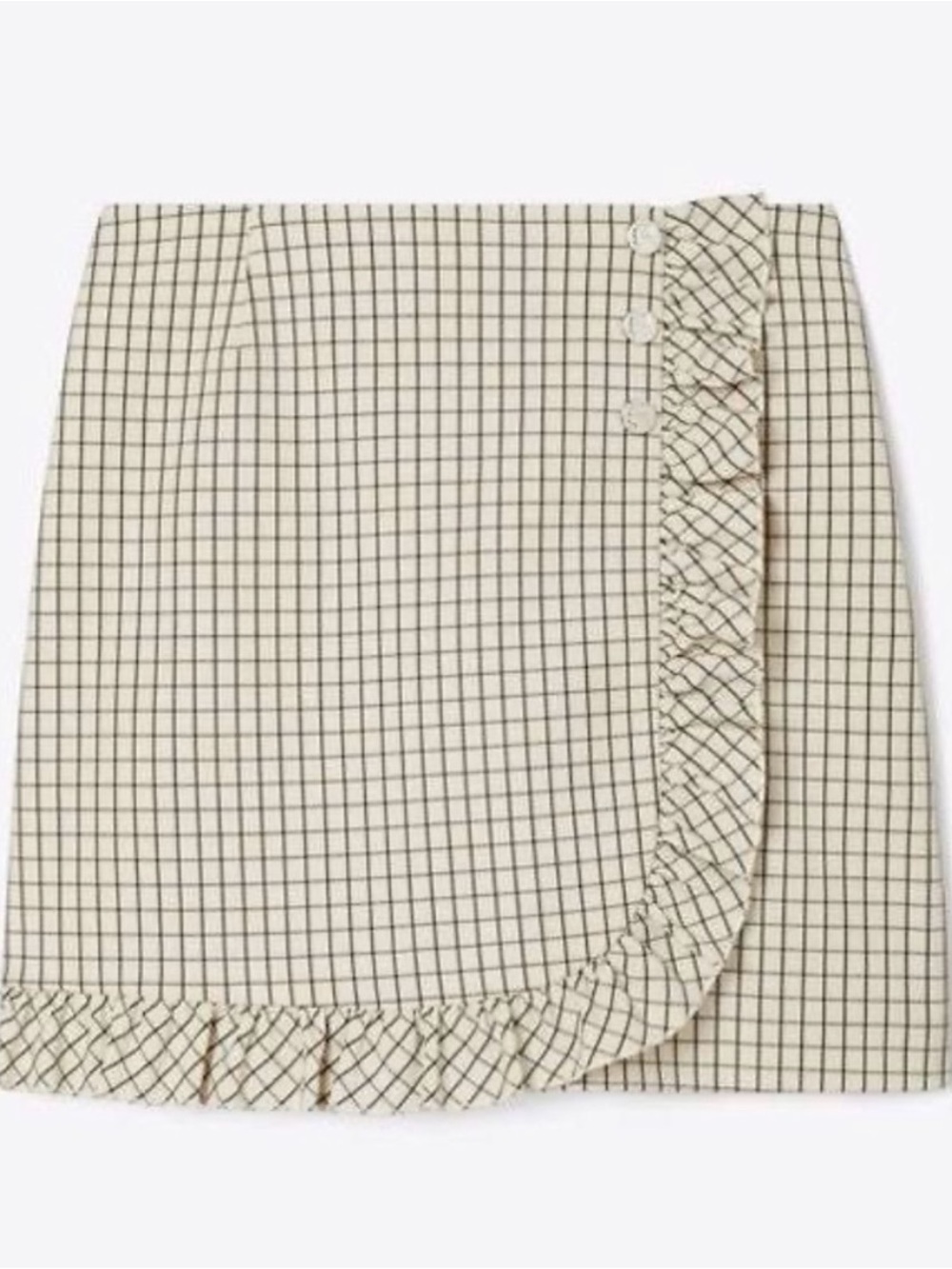 Tory Burch Plaid Ruffle Wrap Mini Skort in Beige
